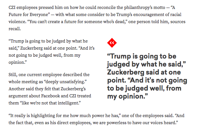 Mark Zuckerberg to his employees on the inflammatory posts by Donald Trump — that Facebook won't take down:"Trump is going to be judged by what he said. And it’s not going to be judged well, from my opinion.” https://www.vox.com/recode/2020/6/26/21303664/mark-zuckerberg-facebook-chan-zuckerberg-initiative-philanthropy-tension