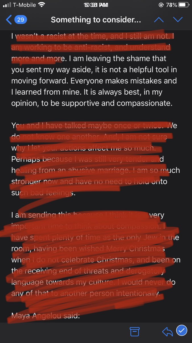 Outside of being passive aggressive, she’s signaling no self-reflection was ever done because I am receiving this email two years later! Support, compassion and “best intentions” do NOT lead to equity, and clearly neither does alleged shame.