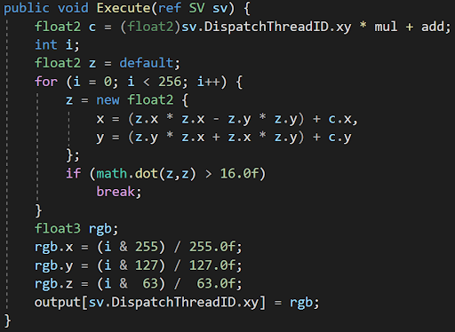 _tim_jones_'s tweet image. So this week is #UnityHackWeek. My group tackled the idea &quot;could we make Burst code run on the GPU?&quot; e.g. write C#, then choose whether to run it on CPU or GPU. Short answer is: probably, yes*.

*Hackweek project, no promises to ship it etc but likes for this tweet can&apos;t hurt 😀