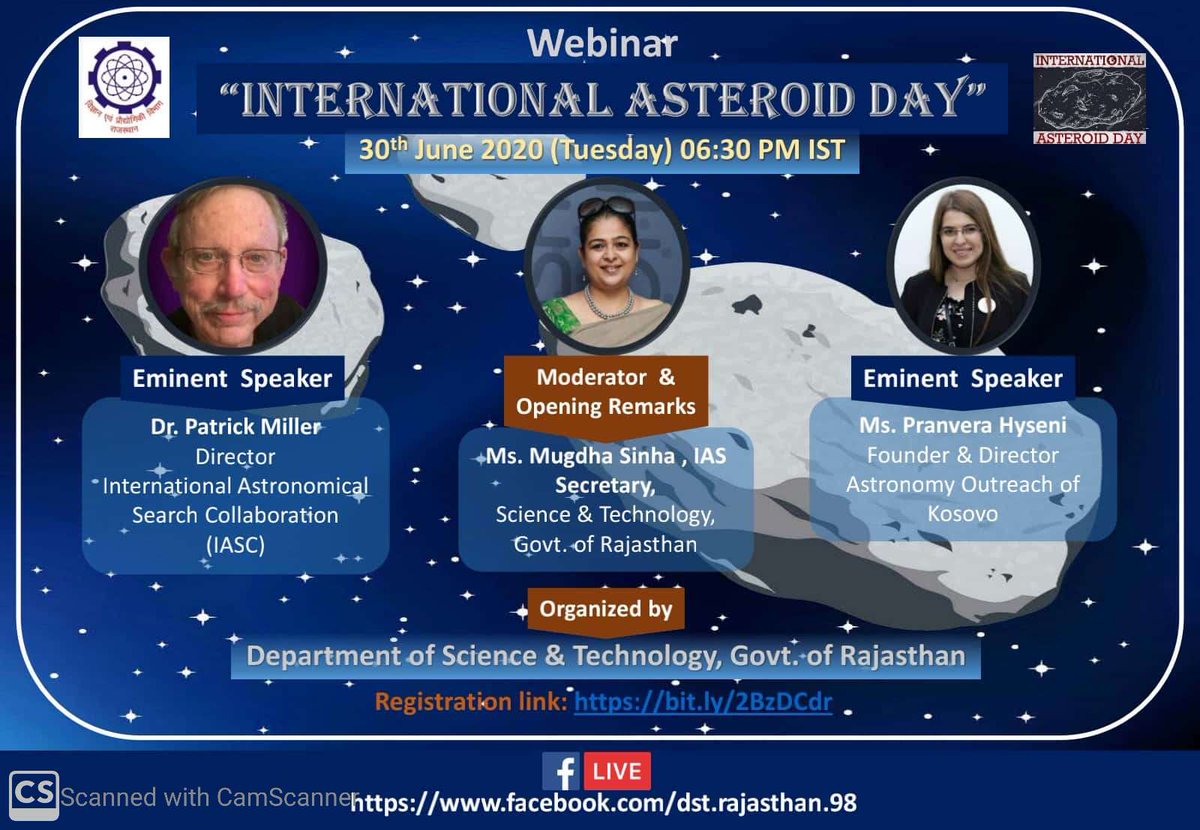 Join DST Rajasthan on Int. <a href="/AsteroidDay/">Asteroid Day ☄</a> on 30 June at 6:30 PM ( IST). Dr Patrick Miller <a href="/1PatrickMiller/">Patrick Miller</a> IASC &amp; <a href="/PranveraHyseni/">Pranvera Hyseni</a> will deliberate at this juncture. Learn about #asteroid path, location &amp; scientific observations. Registration Link: bit.ly/2BzDCdr