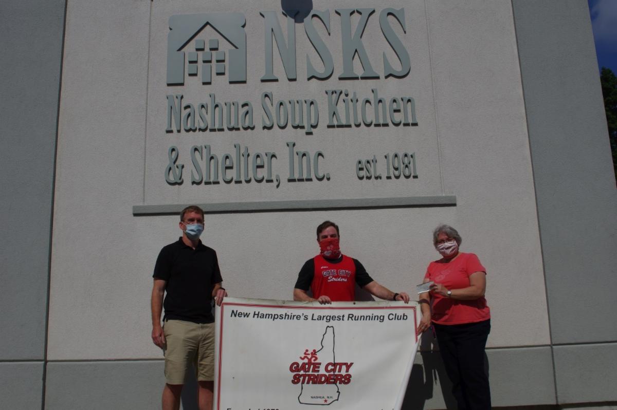 Gate City Social Distancing Series Race Director Scott Rogers and GCS President Stephen Rouleau presented Carol Weeks of the Nashua Soup Kitchen and Shelter, Inc. a check for $2640. <a href="/NSKorg/">Nashua Soup Kitchen & Shelter</a>
#GateCityStriders #GCSGivesBack #NashuaSoupKitchen #SocialDistanceRaceSeries