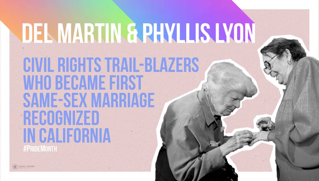 SpeakerPelosi's tweet photo. Such a touching way to mark #Pride2020!
 
I’m proud of the legacy &amp; memory of Phyllis Lyon &amp; Del Martin. They inspired all of us who counted them as friends, &amp; their work for equality benefited countless LGBTQ Americans.
 
@RepMarkTakano, have you taken the #HousePrideChallenge? https://t.co/ANsXPR8K0P