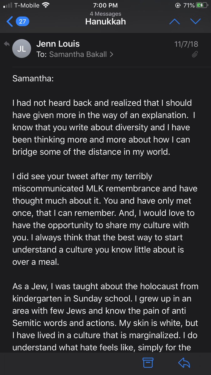 More transparency: this is not the first email I have received. She sent an email in 2018 inviting me to a Hanukkah dinner: