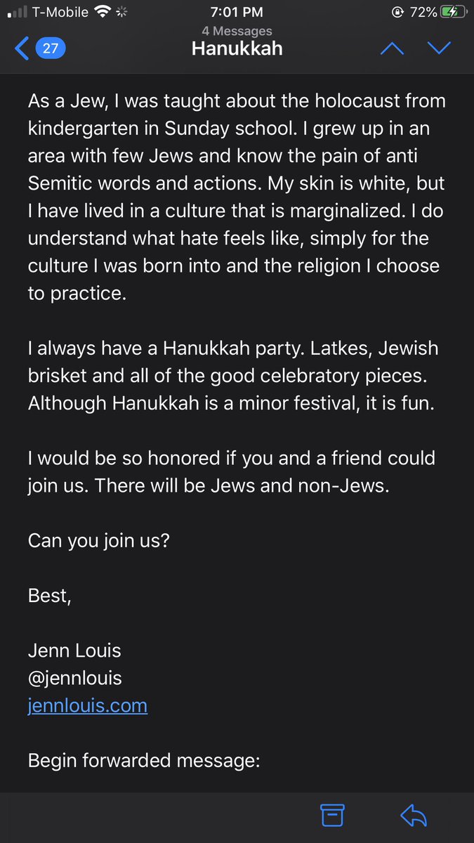 More transparency: this is not the first email I have received. She sent an email in 2018 inviting me to a Hanukkah dinner: