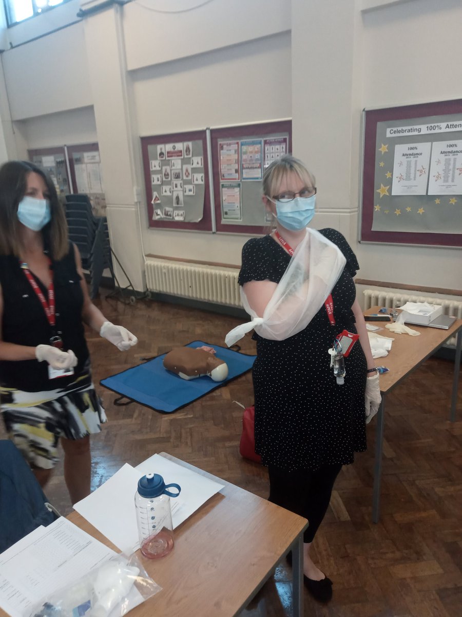 AlsagerSchool's tweet photo. Alsager School staff taking their Emergency First Aid At Work certificate. The staff were learning how to perform the recovery position, CPR (with Covid safe measures), the use of an AED, how to treat heart attacks, choking, major bleeds and more. https://t.co/7m31CaEWU5