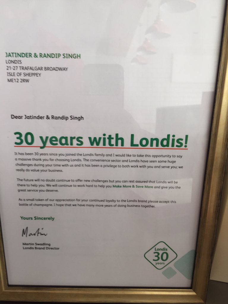 TindaSahota's tweet photo. A very special proud day made even more special by Londis Family. My wife &amp; our team are very touched by the lovely gifts received in person today. Blessed to have served our community for 30yrs &amp; may there be many more yrs to come. Thank you Martin Swadling &amp; the wonderful team! https://t.co/H1SNLvXMCs