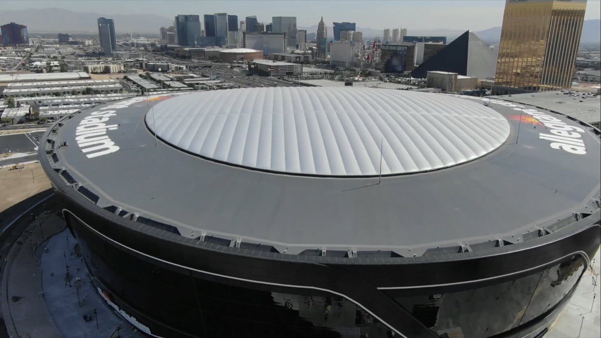 Fresh drone shots of Allegiant Stadium (<a href="/AllegiantStadm/">Allegiant Stadium</a>). Gives perspective of what paving and concrete work is left to do on site and the progress of the main entry area on north end of the stadium. Also where the Raider Image store will be. #vegas #raiders #stadium 🎥 <a href="/Vegas88s/">Michael Quine</a>