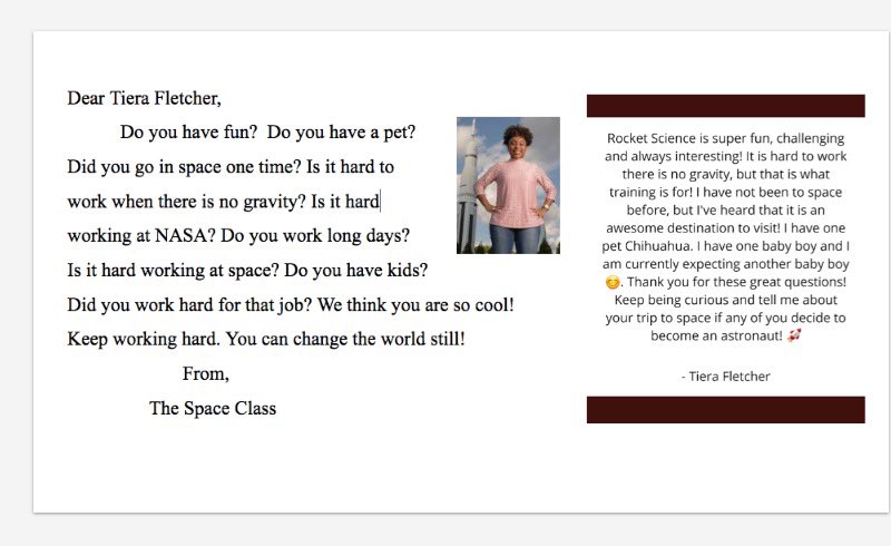 MsLauraBianchi's tweet photo. Thank you @TieraAndMyron from @NASA for writing my class back the kindest letter! Thank you for inspiring them to follow their dreams! @WoodstockD200 #nasa #wcusd200 #tierafletcher #WomenInSTEM https://t.co/HPCUAI1z2A