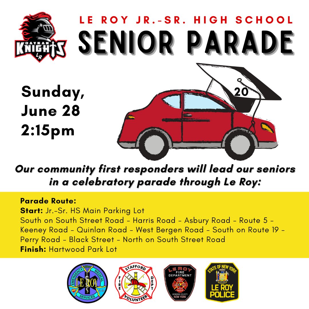 LeRoy_CSD's tweet photo. 🎓⭐️🎓⭐️🎓⭐️🎓
We have moved Commencment to
😎SUNDAY, June 28!
🎓9am (last name A-F)
🎓11am (last name G-M)
🎓1pm (last name N-Z)
🚗2:15pm - Senior Parade
#LR20🎓
#OatkanKnights https://t.co/IP8mEMXWr8
