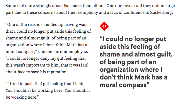 One employee at the Chan Zuckerberg Initiative told me they quit in large part due to concerns about Zuckerberg and Facebook.“One of the reasons I ended up leaving was that I could no longer put aside this feeling of shame and almost guilt." https://www.vox.com/recode/2020/6/26/21303664/mark-zuckerberg-facebook-chan-zuckerberg-initiative-philanthropy-tension