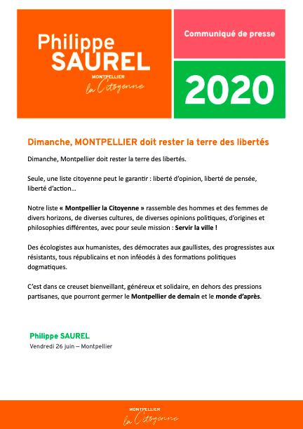 "Dimanche, #MONTPELLIER doit rester la terre des libertés. 
Des écologistes aux humanistes, des démocrates aux gaullistes, des progressistes aux résistants, tous républicains et non inféodés à des formations politiques dogmatiques."
#MontpellierLaCitoyenne #Municipales28Juin