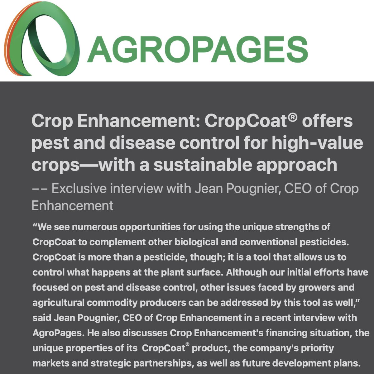 zingpr's tweet photo. Interested in sustainable pest control and disease management for high-value crops? @CropEnhancement is a company to watch. #agtech #pesticidefree https://t.co/rhyIIfR2uT https://t.co/O062Iov5fx