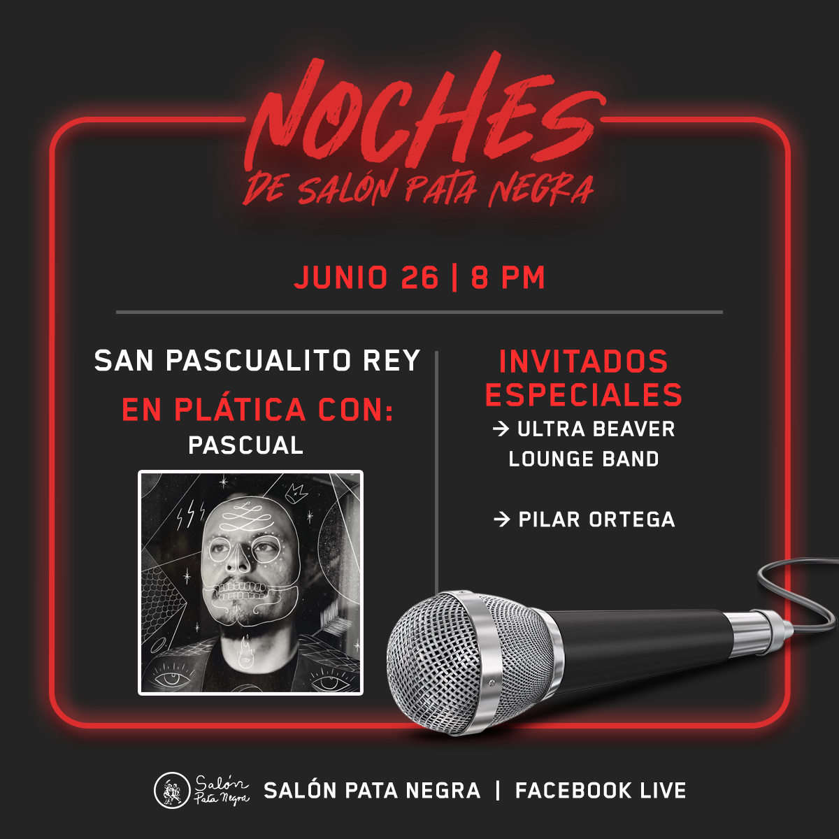 Esta noche, tendremos una sesión más de #NochesDeSalónPataNegra <a href="/sanpascualitor/">San Pascualito Rey</a>, charla con Pascual, vocalista de la banda.
Invitados especiales, Pilar Ortega directora del documental “Aquí No Pasaba Nada” y <a href="/beaverlounge/">The Ultra Beaver Lounge Band</a>, banda sumergida en el género del lounge break beat.