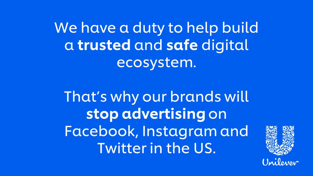 unileverusa's tweet photo. We have taken the decision to stop advertising on @Facebook, @Instagram &amp; @Twitter in the US through the end of 2020.

The polarized atmosphere places an increased responsibility on brands to build a trusted &amp; safe digital ecosystem. https://t.co/X9LAZ1Ua5i https://t.co/47LE3HcTFD