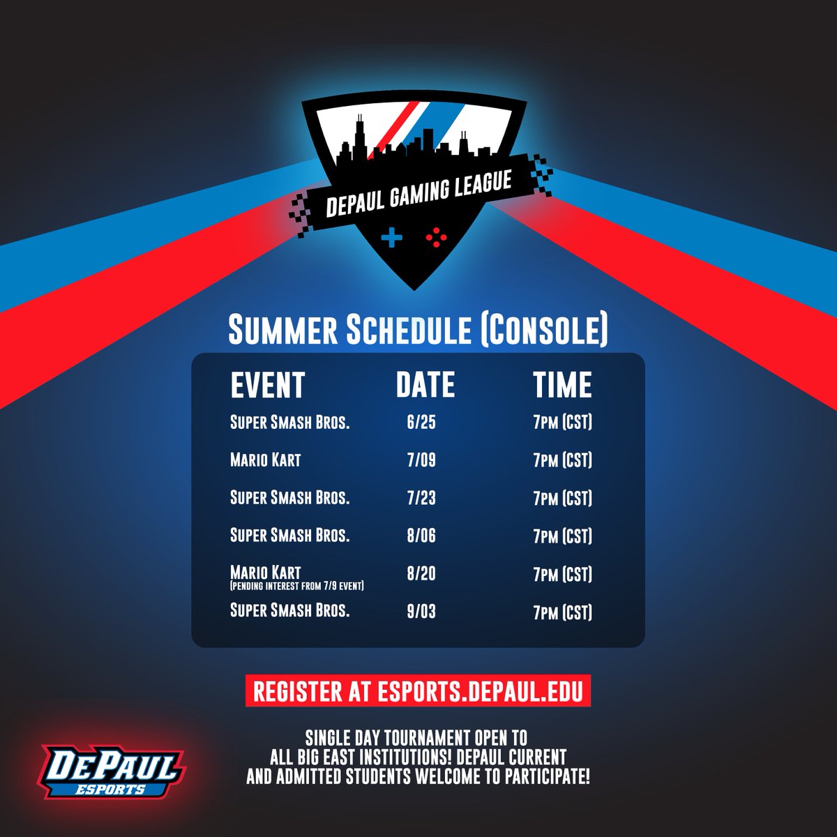 Summer E-Sports tournaments hosted by <a href="/DePaulEsports/">DePaul Esports</a>  and open to all Big East students.....remember times are central  #SmashBros #MarioKart