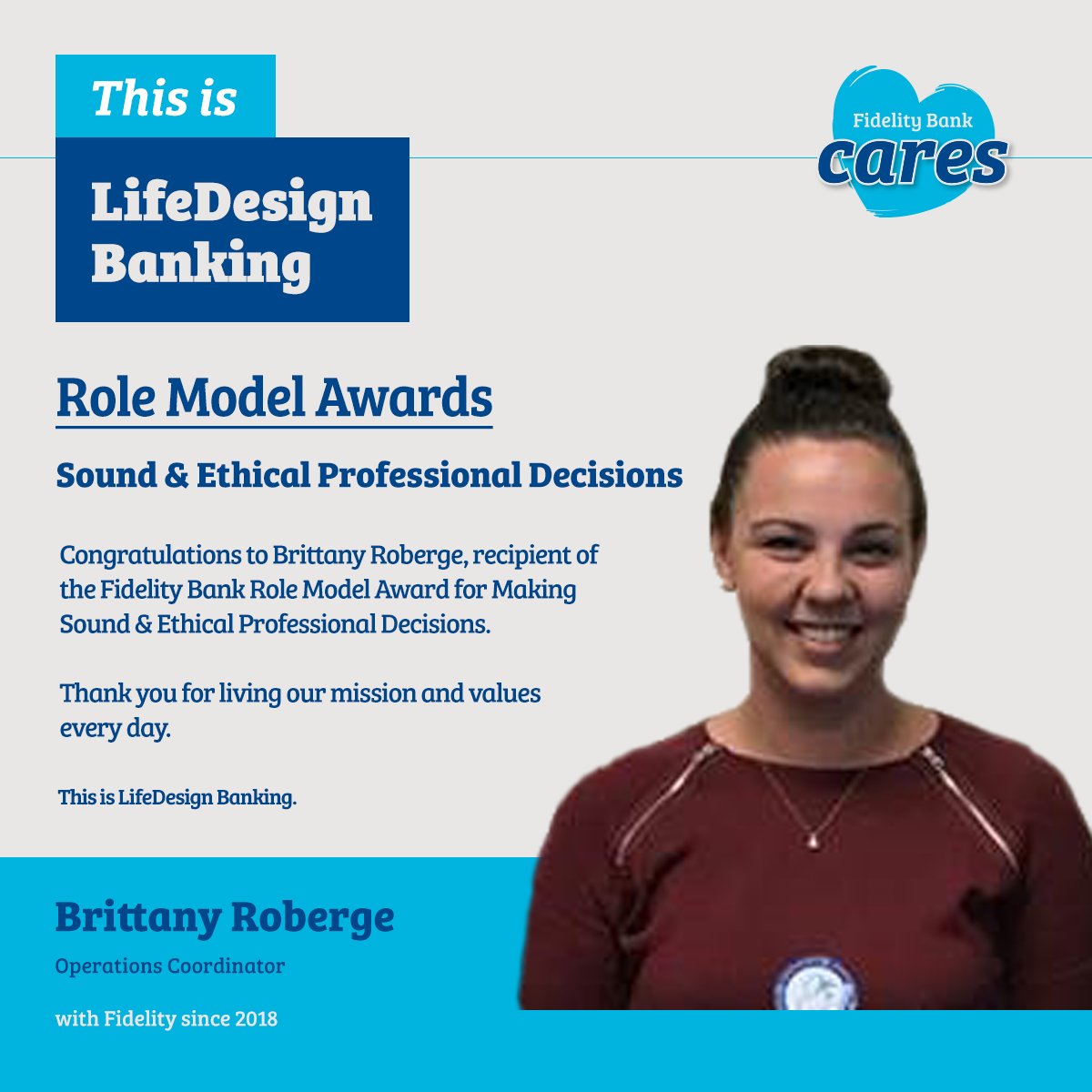 FidelityBankMA's tweet photo. Congratulations to Brittany Roberge, recipient of this year's Sound & Ethical Professional Decisions Role Model Award! Thank you for making sound decisions that serve the best interest of both our valued clients, and the Bank. 💙 #ThisisLifeDesign #FidelityBankCares https://t.co/xlDoLO2Ym9