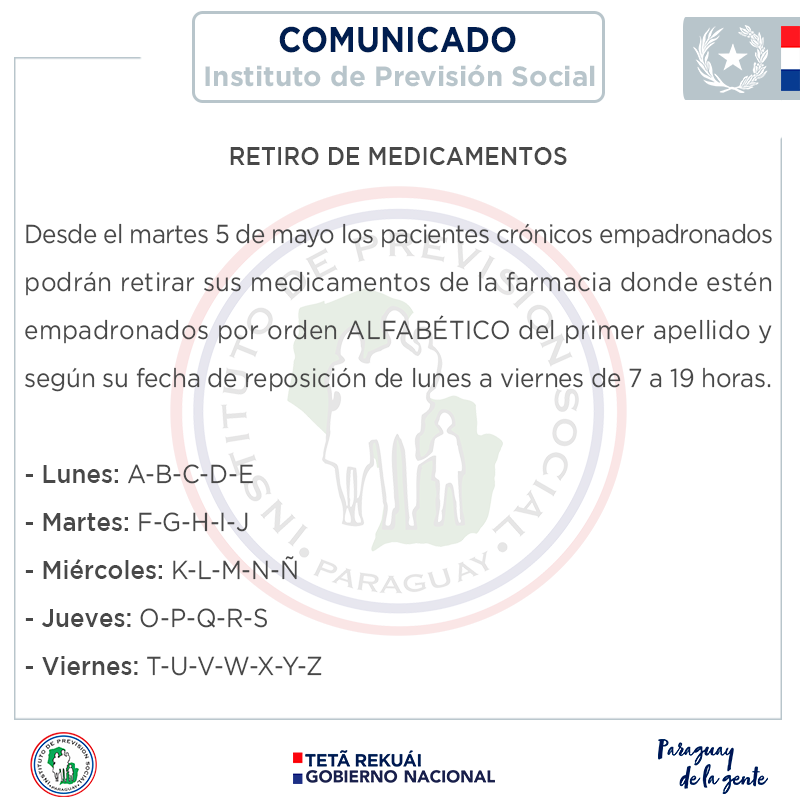 Ips Paraguay Recordatorio Sobre Retiro De Medicamentos Para Pacientes Cronicos Empadronados Favor Concurrir Con Tapaboca Y Mantener Una Distancia De Dos Metros En La Fila T Co Mg26nyelah