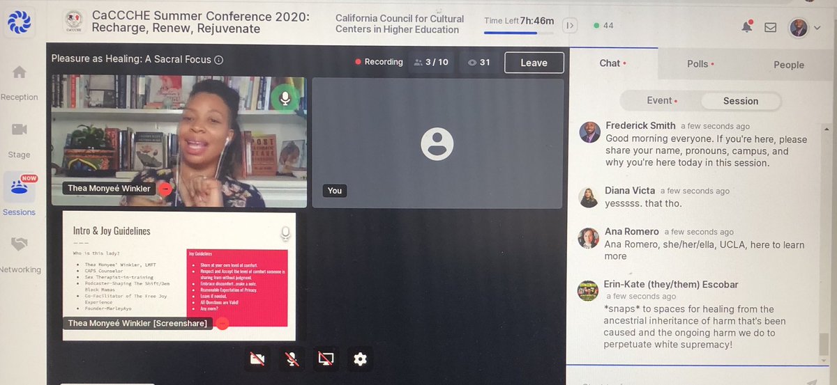 fsmith827's tweet photo. .@CaCCCHE Summer Conference Day 2 on @hopinofficial.

Starting the day with a workshop by @TheaMonyee on “Pleasure As Healing: A Sacral Focus.”

Very important to our work as #CulturalCenters professionals in #SAPro #HigherEd life.

#CaCCCHE #CaCCCHE2020 https://t.co/wy0qvMDtno