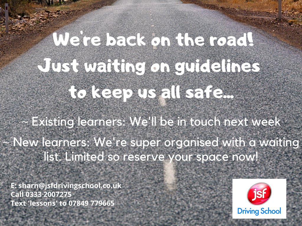 JSFDriving's tweet image. Restarting lessons 13th July so time to implement new safety directives from the DVSA + get our heads ready as we’ve only just heard the news like everyone else!
Priority goes to existing clients then our waitlist. Sign up soon if you don&apos;t want to miss out!
#StaySafe #JSFDriving