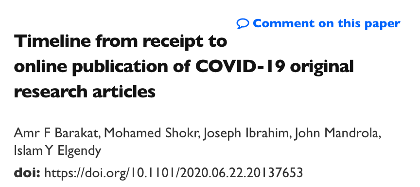 Proud to co-author a scientific manuscript published on the preprint  @medrxivpreprintOn  #COVID19 science.The question: How much faster do journals approve/publish COVID papers? Take a guess before reading our research letter here:  https://www.medrxiv.org/content/10.1101/2020.06.22.20137653v1A brief thread