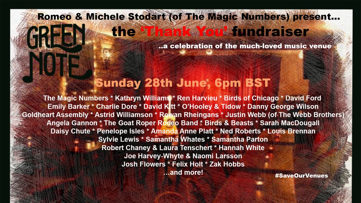 MicheleStodart's tweet image. On *Sunday 28th from 6pm* We wanted to find a way to show our support, step up &amp;amp; say 'Thank You'! This event is in aid of the #SaveGreenNote Crowdfunder. Join us &amp;amp; this incredible line up for an evening in celebrating music &amp;amp; our much loved @GreenNote -&amp;gt; youtu.be/Ip0PHuhvpJo