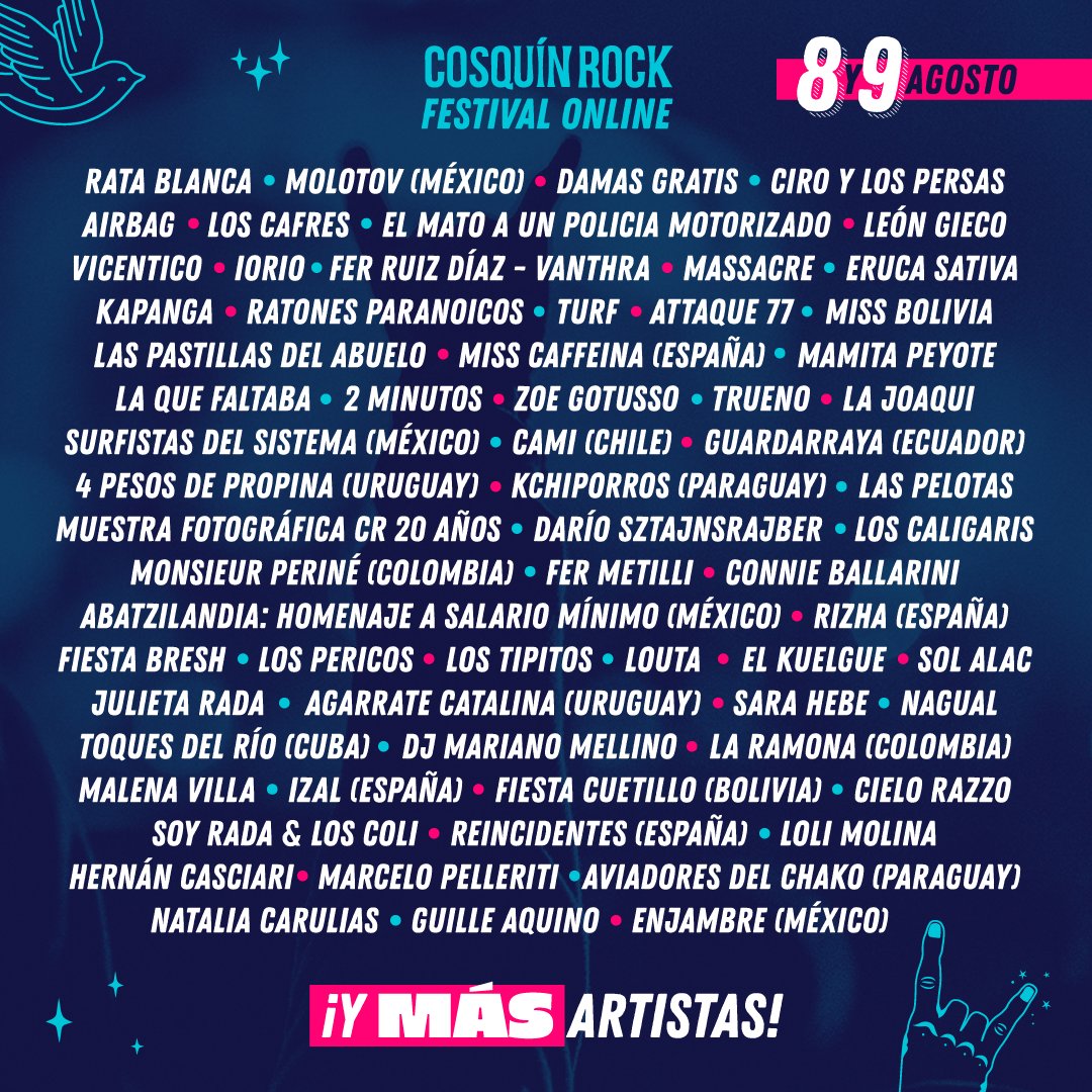 👊Line Up Confirmado 👊💥 Este 8 y 9 de AGOSTO viví Cosquín Rock Online desde cualquier lugar del mundo 🌍 a través de cosquinrock.net.
📲 + de 60 bandas y artistas 
 ➡ ATENCIÓN > ¡Cada semana un nuevo artista confirmado!➕ info y tickets en cosquinrock.net
