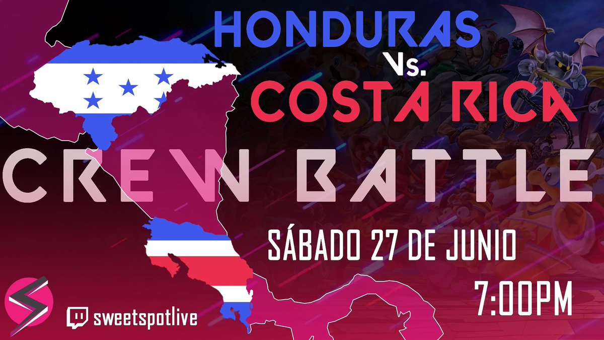 ¡Crew Battle, Honduras vs Costa Rica! 

Sabado 27 de Junio, 7:00 pm 

En vivo por:

twitch.tv/sweetspotlive

Estaremos narrando simultaneamente con Johnny de <a href="/SpartanSmashers/">SpartanSmashers</a> , por lo cual sin duda tendremos un excelente casteo 🔥

#CostaRica #Honduras #Smashbros