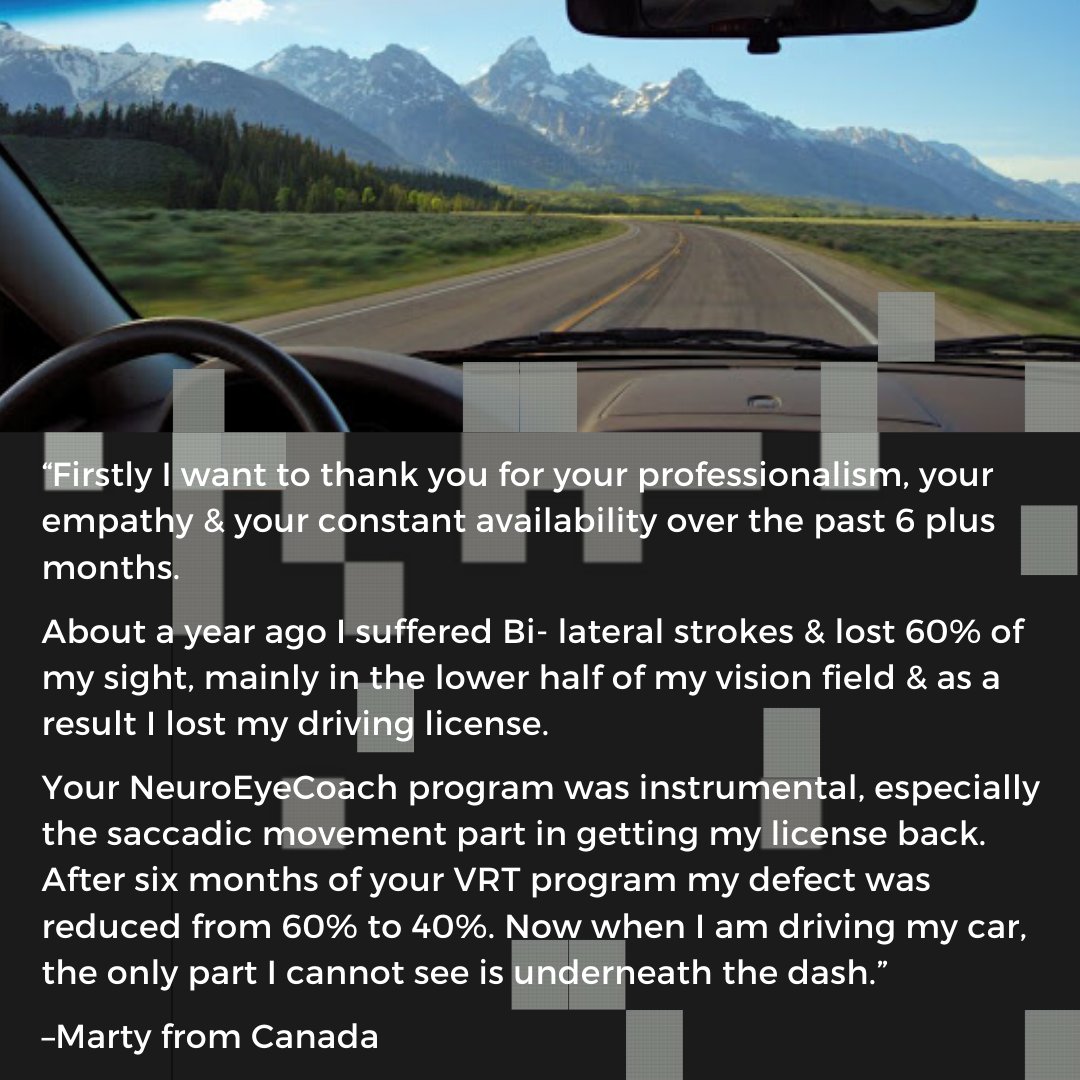 Marty had lost 60% of his sight. He was able to get his driver’s license back through a combination of his improved scanning resulting from our NeuroEyeCoach training and the vision restoration gained from undertaking VRT #novavision #NeuroEyeCoach #VRT #vision #strokesurvivor