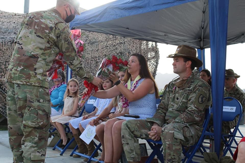 U.S. Army Lt. Col. William J. Parker relinquishes command of the Regimental Support Squadron, 11th Armored Cavalry Regiment, to Lt. Col. Jesse A. Pena, during a Change of Command ceremony, Fort Irwin, Calif., June 26, 2020.