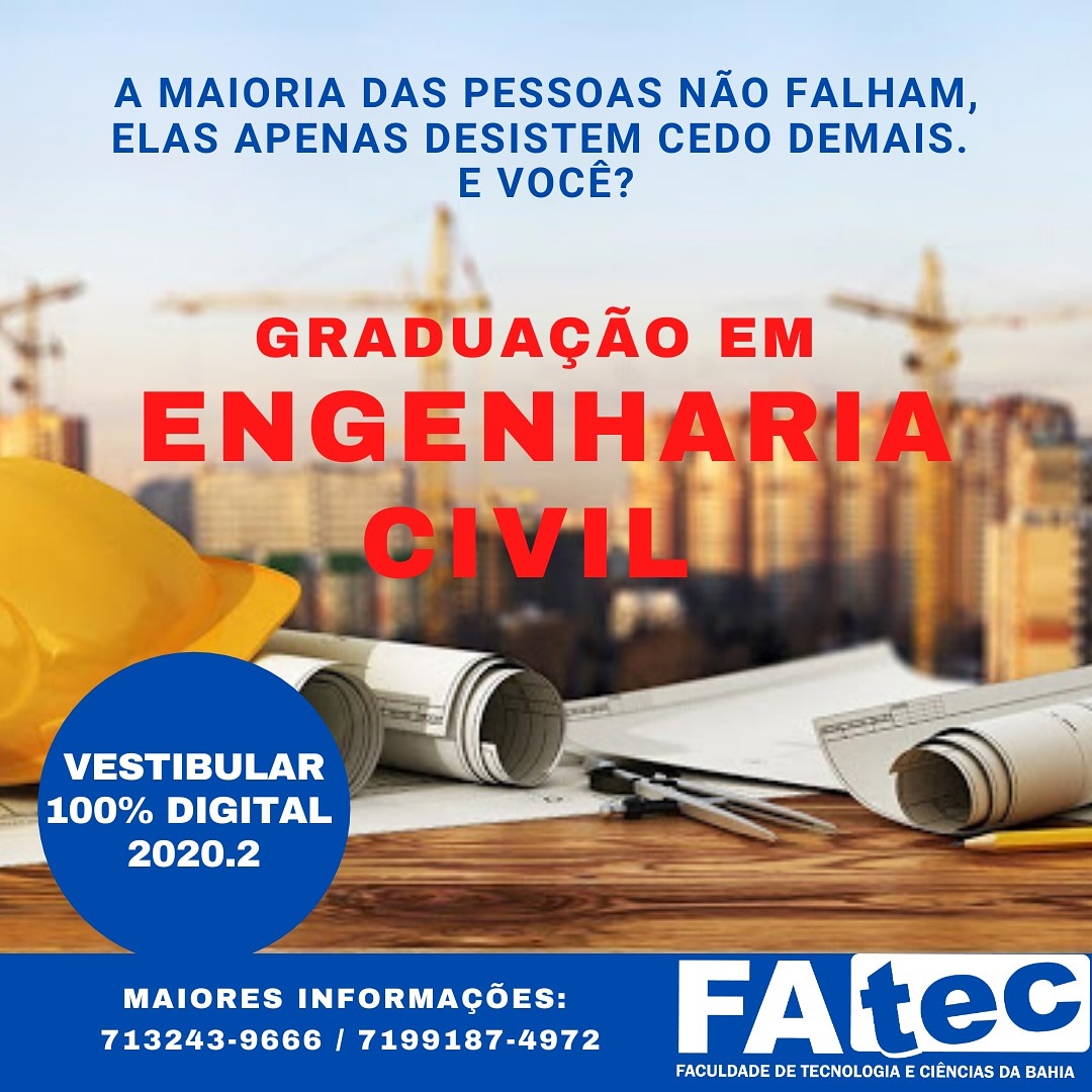 escolaeteba's tweet photo. A maioria das pessoas não falham, elas apenas desistem cedo demais. E você?

Graduação em Engenharia Civil.

Maiores informações: 71 3243-9666 ou 71 99187-4972

#fatecsalvador 
#etebaescolatecnicadabahia  #renovacaocursostecnicos #graduação #engenhariacivil #salvadorbahia #brasil https://t.co/EwRgBJOTol