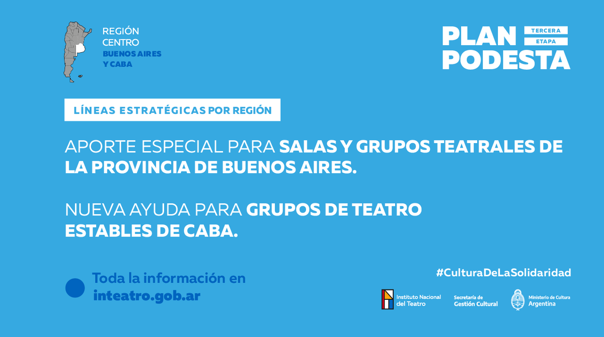 inteatro_ar's tweet photo. #PlanPODESTA | La tercera etapa del plan contempla un aporte especial salas y grupos teatrales de la provincia de #BuenosAires, y una ayuda complementaria para grupos estables de #CABA.

➡ https://t.co/DEHIj5TD0H
#CulturaDeLaSolidaridad https://t.co/9j8zfIdZzw