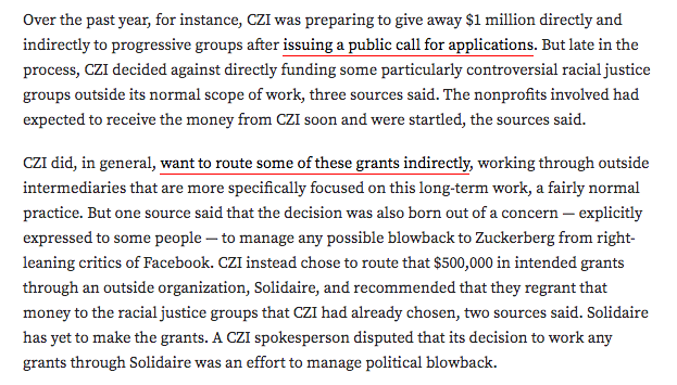 The Chan Zuckerberg Initiative wants to give away money to some controversial racial justice groups.But it is giving the money through an intermediary in part to manage any blowback from conservatives, a source says. (CZI disputes that's why.) https://www.vox.com/recode/2020/6/26/21303664/mark-zuckerberg-facebook-chan-zuckerberg-initiative-philanthropy-tension