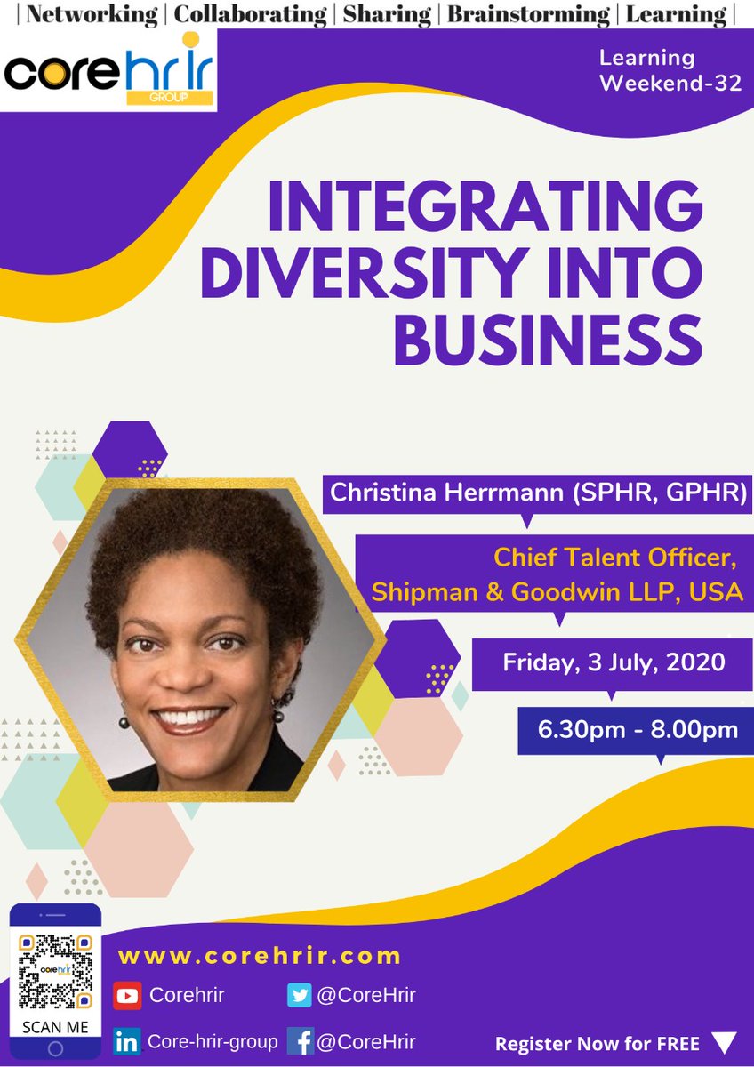 CoreHrir's tweet photo. Core HR &amp; IR Group - Learning Weekend 32
 
 Details of Webinar
TOPIC : Integrating Diversity into Business
Thought Leader: Christina Herrmann
On : 03-July-2020
AT : 06:30 PM – 08:00 PM
Regn Charges : NIL
Regn Link:  https://t.co/XwgKxbhakY 

#diversityandinclusion #hrm #corehrir https://t.co/k0xoRZaJG2