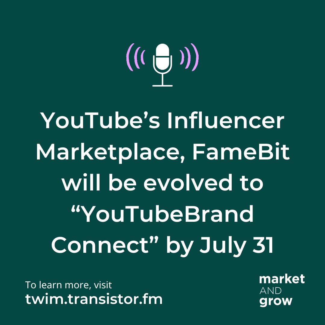 mktandgrow's tweet image. YouTube’s Influencer Marketplace, FameBit will be evolved to “YouTubeBrand Connect” by July 31. Interested to learn more? Check out the full episode.
 
#famebit #youtubeupdate #youtubeinfluencer #digitalmarketinghelp #thisweekinmarketing #twim