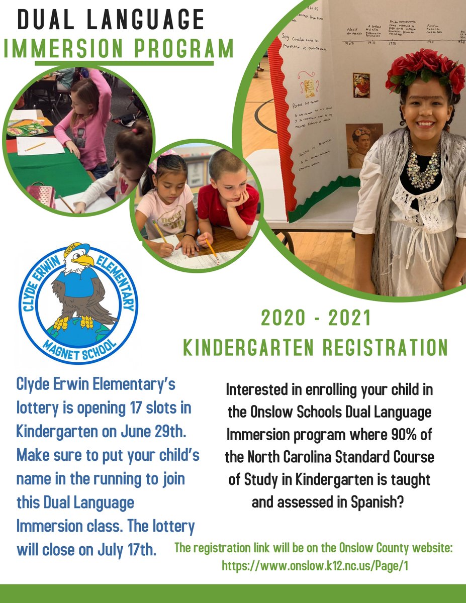 The kindergarten lottery for the Dual Language Immersion program at Clyde Erwin Elementary Magnet School will open Monday, June 29 and close on Friday, July 17. 
If you are interested in enrolling your child, you can learn more about the lottery here: bit.ly/3eFQldg