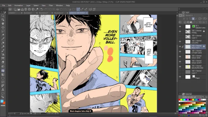 CREATE BASE COLORS! These colors are freaking ugly but I need to see it clearly then I'll change the colors afterwards via CLIPPING MASK 

Made different base layers for:
- frame dividers
- background
- jerseys
- skin

it's better if it's separated (I haven't started with Hinata) 