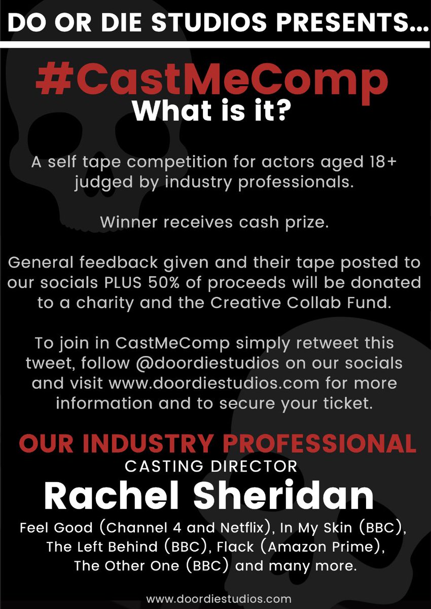 DoorDieStudios's tweet image. ACTORS! Get your ticket for our next selftape competition - #CastMeComp judged by Casting Director Rachel Sheridan (@Sheridancasting). Winner receives a CASH prize and top 5 receive written feedback. 50% proceeds to a charity and CCF. More info at doordiestudios.com