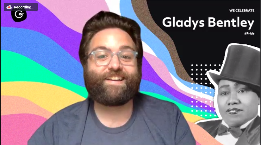lesbiantech's tweet photo. The best #PrideSummit Zoom background goes to speaker @YaelMcCue @Guru_HQ 🌈 Shout-out to Gladys Bentley, blues singer, pianist, and drag performer during the Harlem Renaissance! #LWTPride https://t.co/MjVBcHzqlx