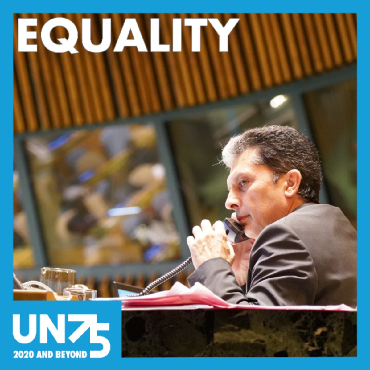 "On the #UN75 anniversary, let us not only reflect on where we have been but where we are going. As Head of the <a href="/UN/">United Nations</a> DGACM, I share my photo in support of the UN and the values it stands for around the🌎🌍🌏, including #equality".

USG Movses Abelian, 26 June 2020.