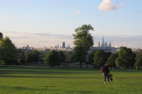 Brockwell Park, London:Like Clapham Common but better. Less traffic, better skyline views, + a lido and a nice sweeping hill. Still rather plain, but nice.