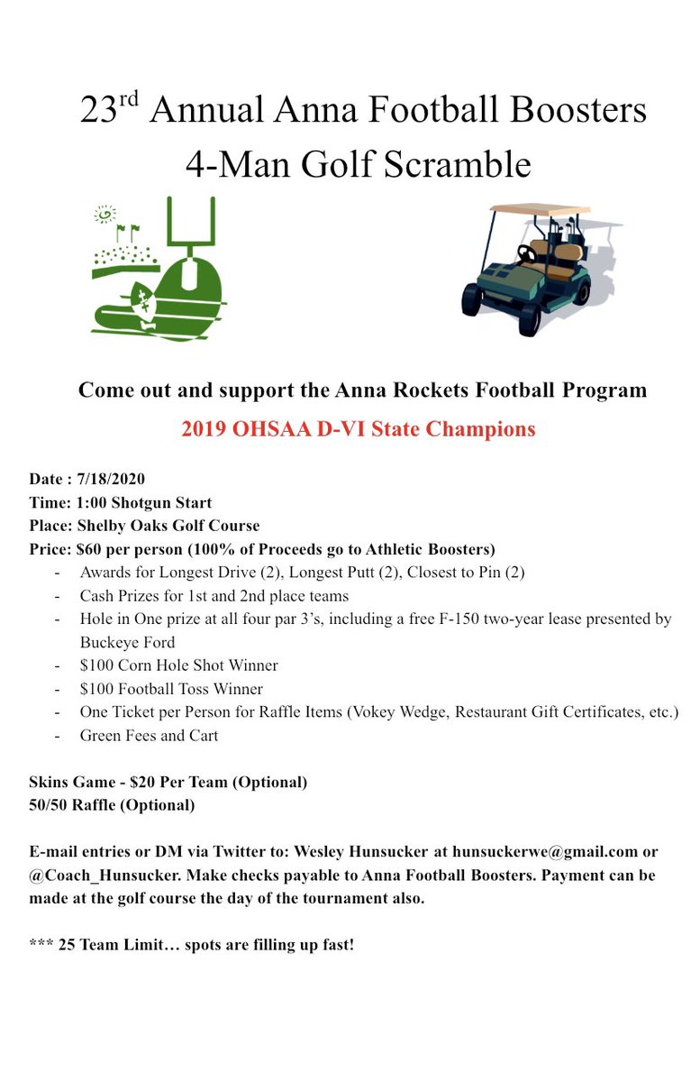 AnnaHSFootball's tweet photo. Mark your Calendars!! 23rd Annual Anna Football Booster Golf Outing will be at Shelby Oaks on July 18th @ 1 pm (Shotgun Start).  Please see attached photo for more details. Spots are filling up fast!! https://t.co/0DcR4sBg72