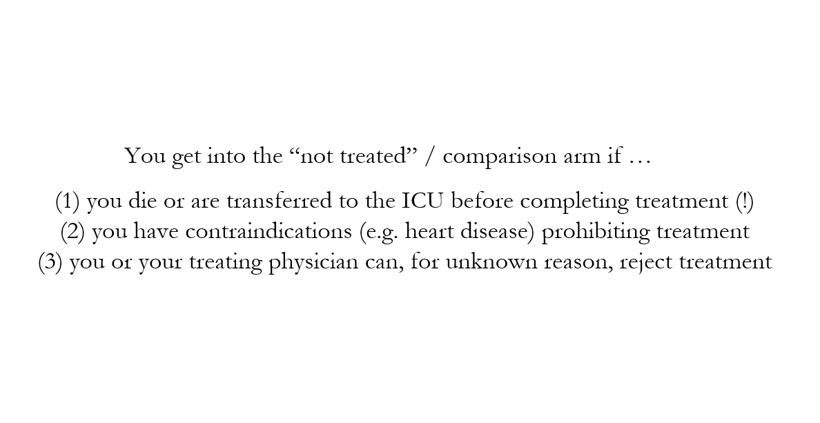 Main problem: Comparison of those receiving treatment to those that, for various reasons, do not receive treatment. We follow them to see whether they die or are transferred to ICU. Here’s the three main ways you can get into the untreated/comparison arm!