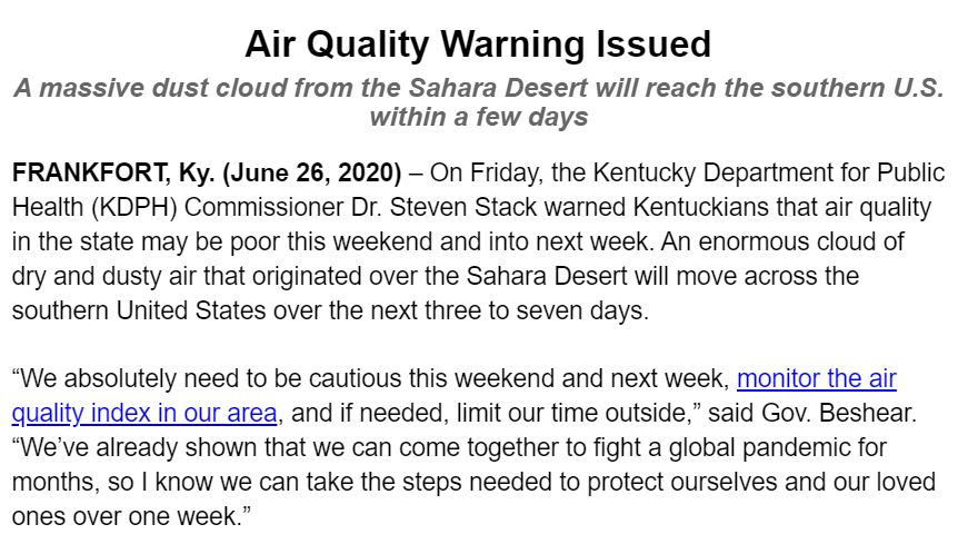 BGPolitics's tweet photo. Ky Dept of Public Health warns Kentuckians to be careful because of (*sighs, checks 2020 Bingo card*) a massive Sahara Desert dust cloud that is headed our way. ^JC https://t.co/968Aozzb4C