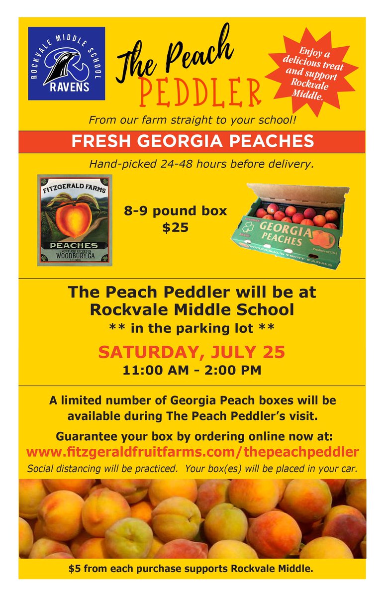 SadlerRCS's tweet photo. The Peach Peddler is going to be at Rockvale Middle School #rmsravens July 25th from 11:00-2:00. Come support Rockvale Middle School while getting some delicious peaches ($5 from every purchase goes to RMS).  Order online to save your box(es) https://t.co/4sEX4Dwujh. https://t.co/rcNhXtv0EC
