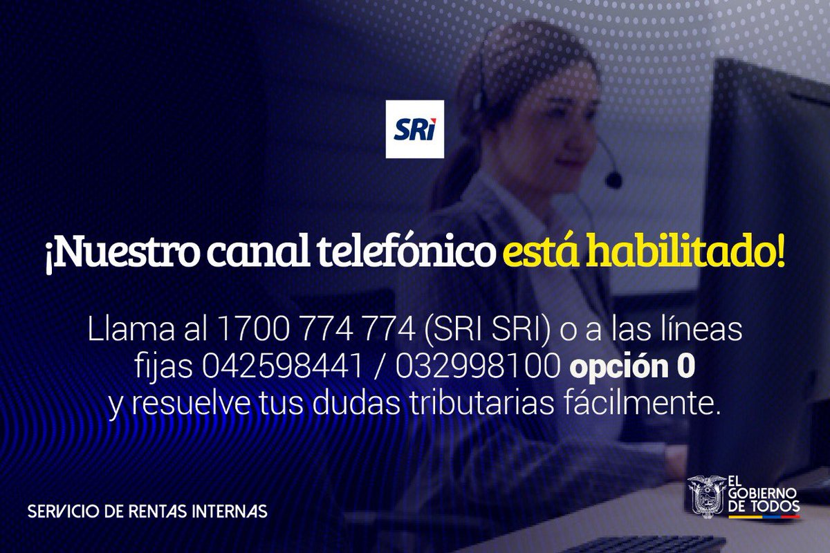 MyrianRubio's tweet photo. Resuelve tus dudas tributarias a través de los canales telefónicos del @SRIoficialEc.

✅ 1700 774 774
✅ 042598441 opción 0
✅ 032998100 opción 0

El horario de atención es de 8:00 a 18:00 de lunes a viernes.

¡En el @SRIoficialEc se precautela tu salud! https://t.co/oYGtpOU2rE
