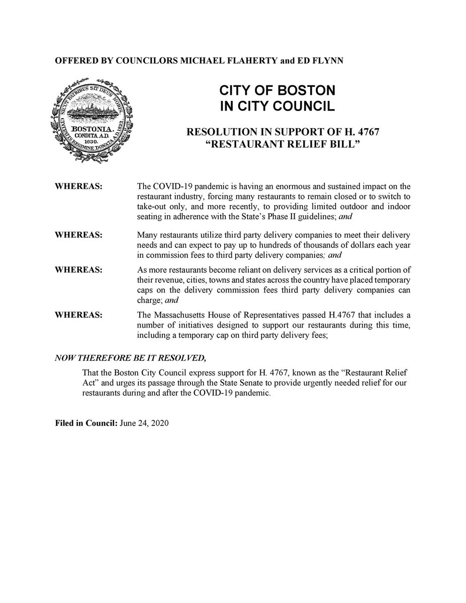 Proud to join @mfflaherty <a href="/MattOMalley/">Matt O'Malley</a> to pass resolution in support of H.4767 cap on 3rd party delivery fees to help our restaurants survive #COVID19. Will continue to advocate &amp; TY <a href="/RepMichlewitz/">Aaron Michlewitz</a> <a href="/mikeday4rep/">Michael Day</a> <a href="/tackeychan/">Tackey Chan</a> <a href="/DWGregoire/">Danielle Gregoire</a> <a href="/RepPaulMcMurtry/">Paul McMurtry</a> <a href="/david_biele/">David Biele</a> <a href="/IamJonSantiago/">Jon Santiago</a>