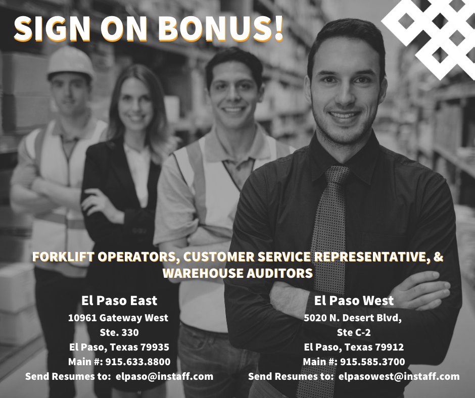 work4instaff's tweet photo. We have the job for you and then some! We are hiring in the El Paso area. Sign on bonus included for YOU! Contact our team today to learn more: https://t.co/XCriirY8Ln
#Work4InStaff #ElPasoJobs #Work4BG #LightIndustrialJobs https://t.co/HJVtP94XV2