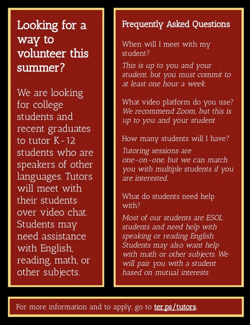 OASUMD's tweet photo. Hi everybody, here are some volunteering opportunities available this summer! For more information on these tutoring programs or to apply you can visit https://t.co/W3gg6j45j3 https://t.co/bZUpighf7I