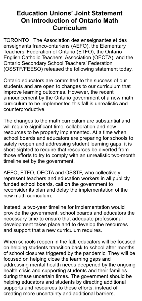 #NEW: A joint statement has been just been released by 
<a href="/AEFO_ON_CA/">AEFO</a> <a href="/ETFOeducators/">Elementary Educators</a> <a href="/OECTAProv/">Catholic Teachers</a> and <a href="/osstf/">OSSTF Communications</a> calling on <a href="/Sflecce/">Stephen Lecce</a> and <a href="/fordnation/">Doug Ford</a> gov't to "reconsider its plan and delay the implementation of the new math curriculum." #ONPoli #ONted

FULL STATEMENT: