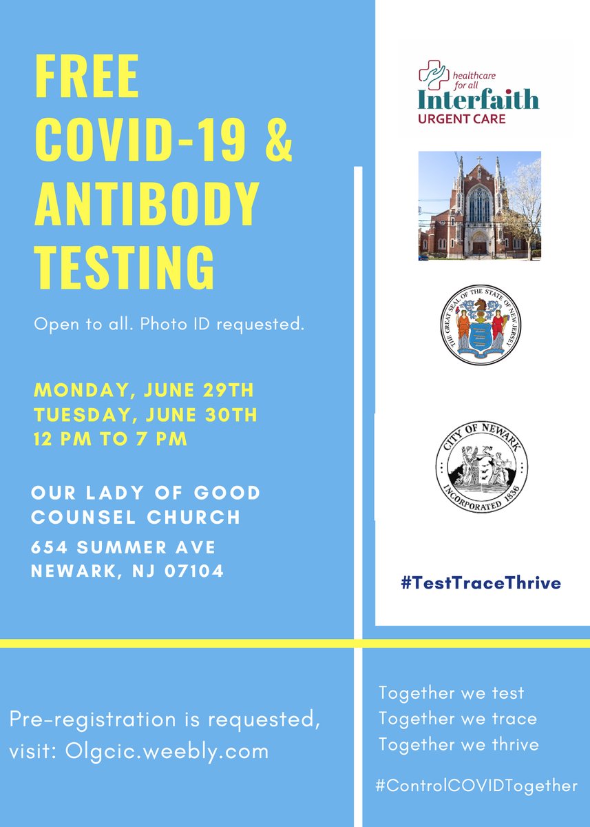 NJGov's tweet photo. FREE #COVID19 AND ANTIBODY TESTING IN NEWARK
✅Open to all
✅June 29 – 30, 2020
✅12:00 PM – 7:00 PM
✅Our Lady of Good Counsel Church, 654 Summer Avenue, Newark, NJ
✅PRE-REGISTER – visit https://t.co/91hkU8Ac8O
#TestTraceThrive #ControlCOVIDTogether https://t.co/en4bv4dDzR